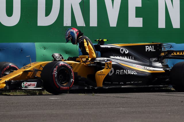 Jolyon Palmer crashed out of second practice for the Hungarian Grand Prix