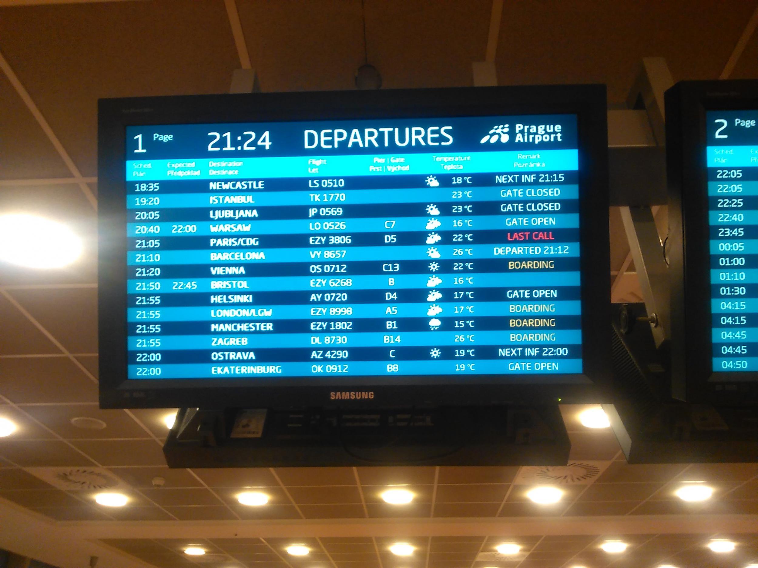 Screens at Prague airport showed the flight as delayed
