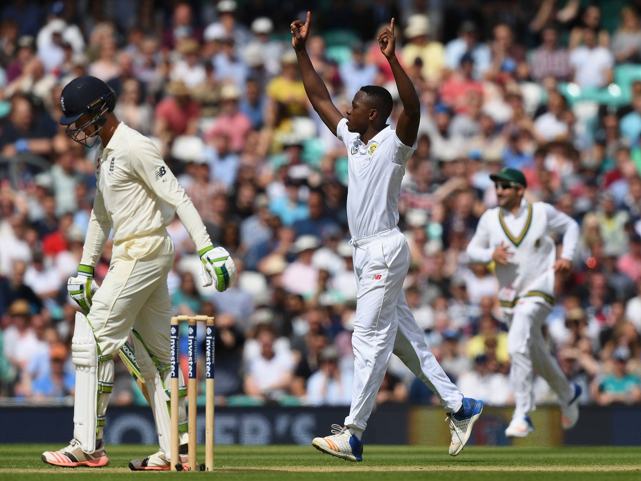 Kagiso Rabada celebrates taking the wicket of Keaton Jennings on day four