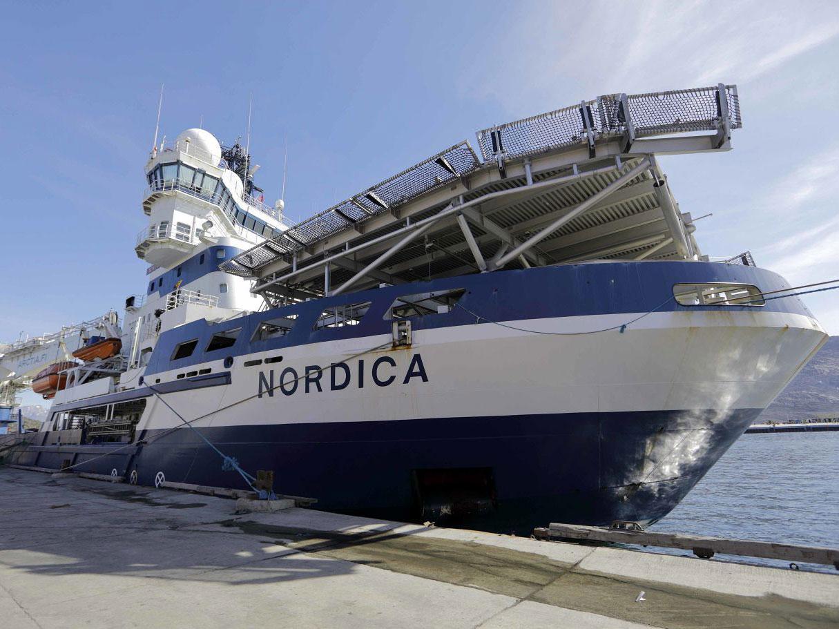 The Finnish icebreaker MSV Nordica docked in Nuuk, Greenland, after traversing the Northwest Passage through the Canadian Arctic Archipelago