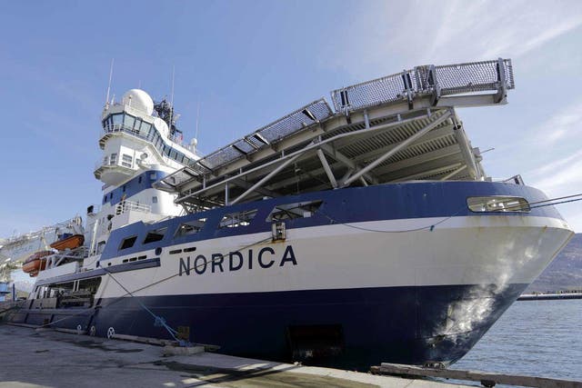 The Finnish icebreaker MSV Nordica docked in Nuuk, Greenland, after traversing the Northwest Passage through the Canadian Arctic Archipelago