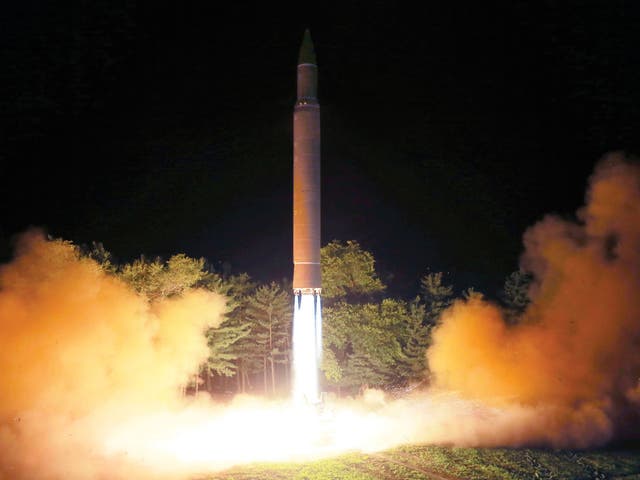A photo distributed by the North Korean government on 29 July 2017 showing what was said to be the launch of a Hwasong-14 intercontinental ballistic missile