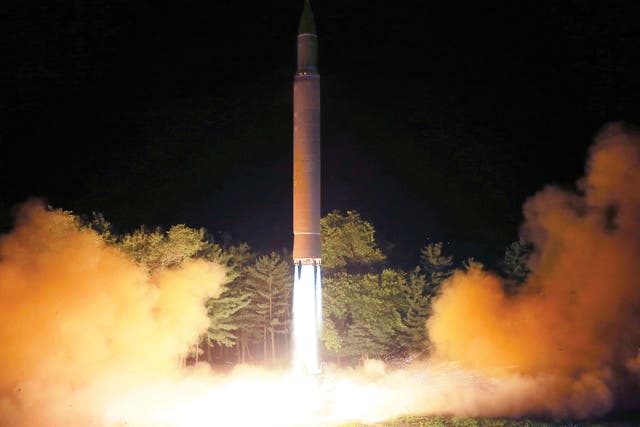 A photo distributed by the North Korean government on 29 July 2017 showing what was said to be the launch of a Hwasong-14 intercontinental ballistic missile