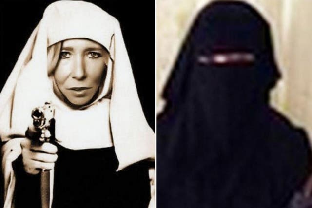The image used on Sally Jones Twitter photo and as Umm Hussain al-Britani, right, and in an edited photo posted online