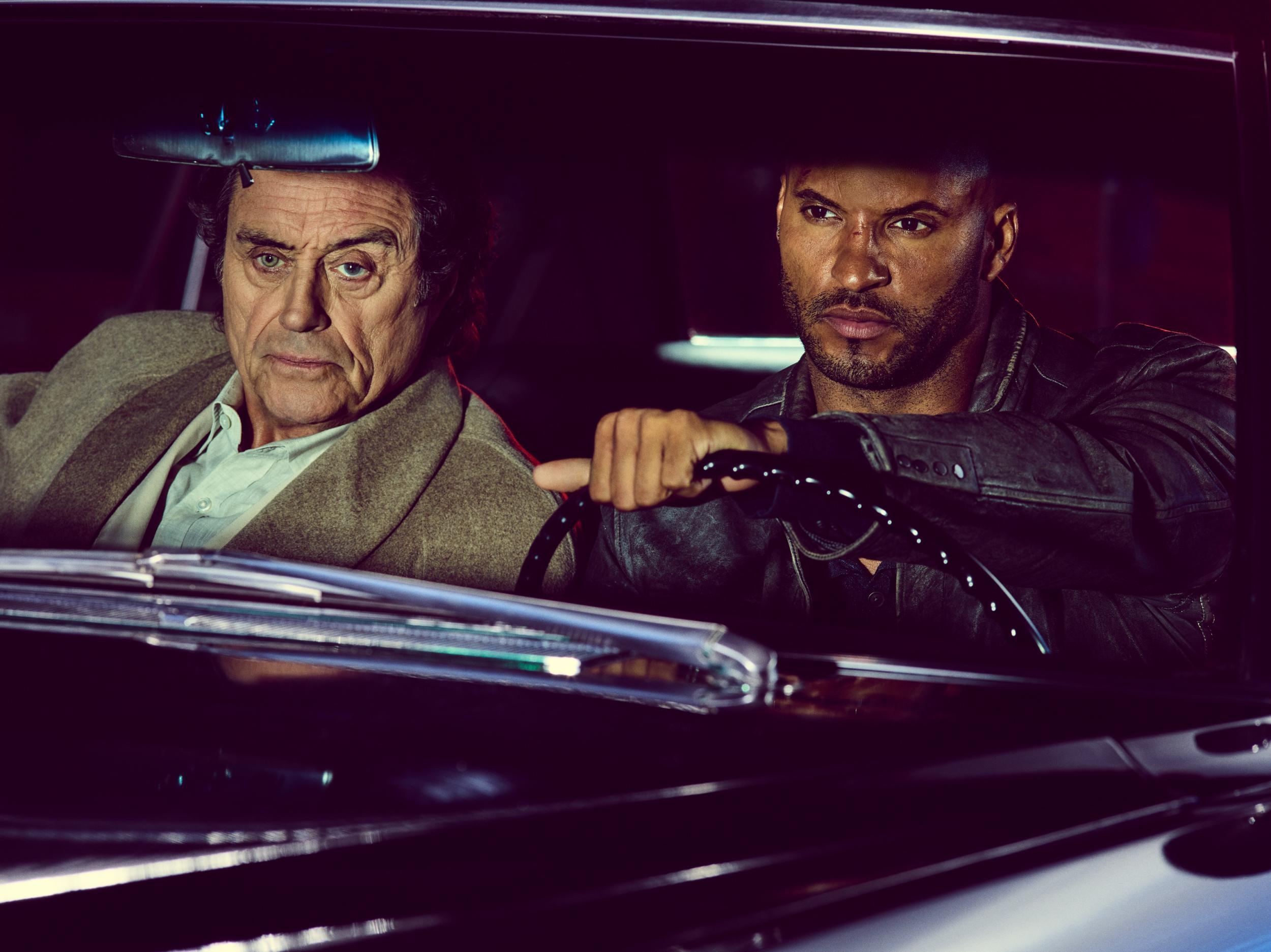 Ian McShane as Mr. Wendesday (left) and Ricky Whittle as Shadow Moon (right)