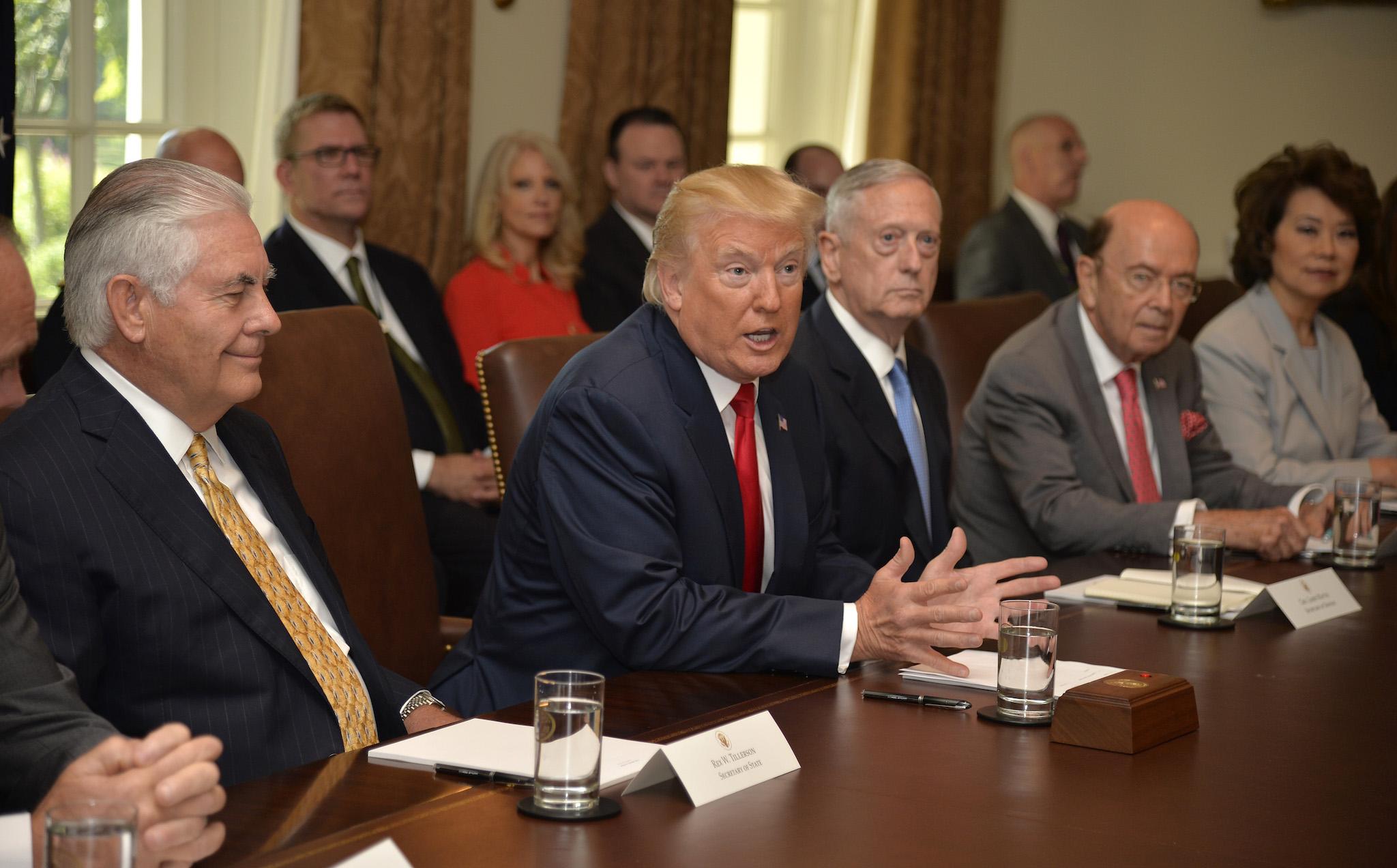 President Donald Trump makes remarks during a meeting of his cabinet
