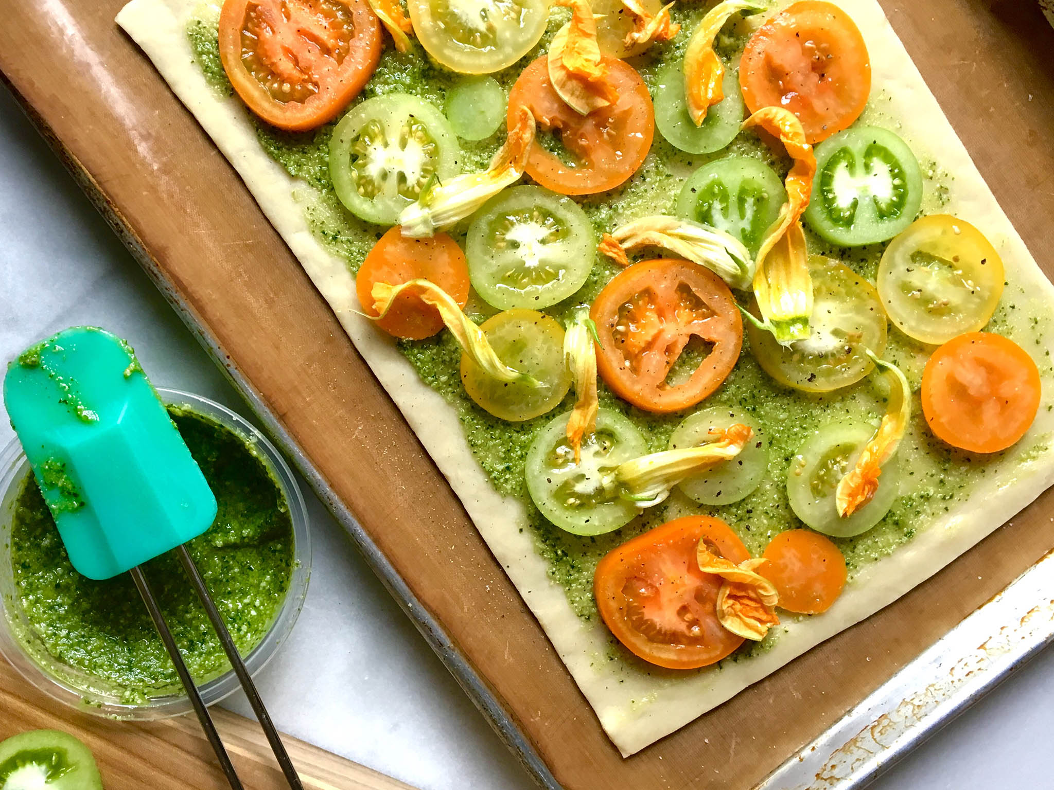 Hey pesto: cannot go wrong with ‘zucchini flowers’, toms and and light pastry