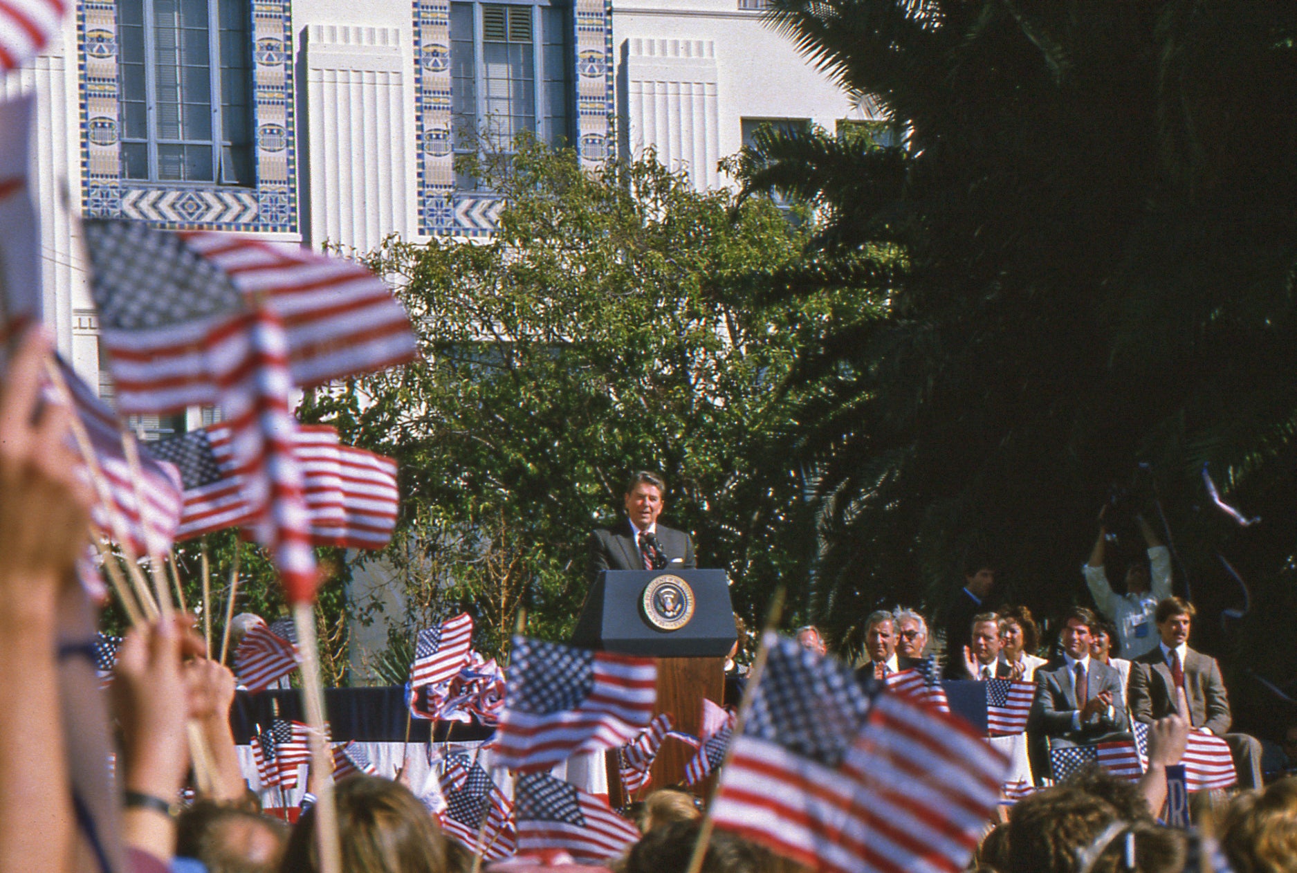 President Ronald Reagan giving a speech at a campaign rally at the San Diego County Administration building in 1984.