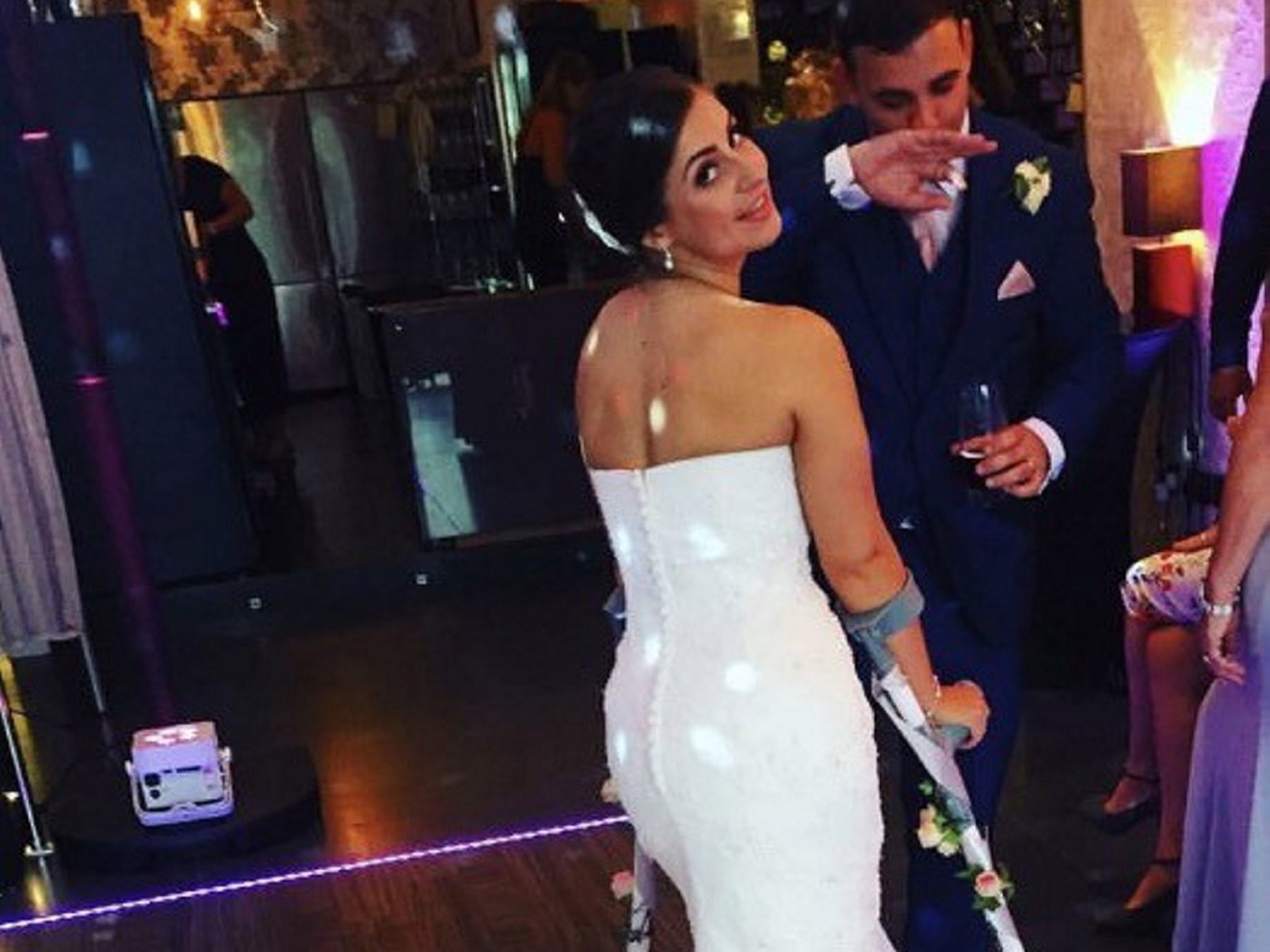 Emily Patel spent her whole wedding day on crutches after the car broke her leg in three places