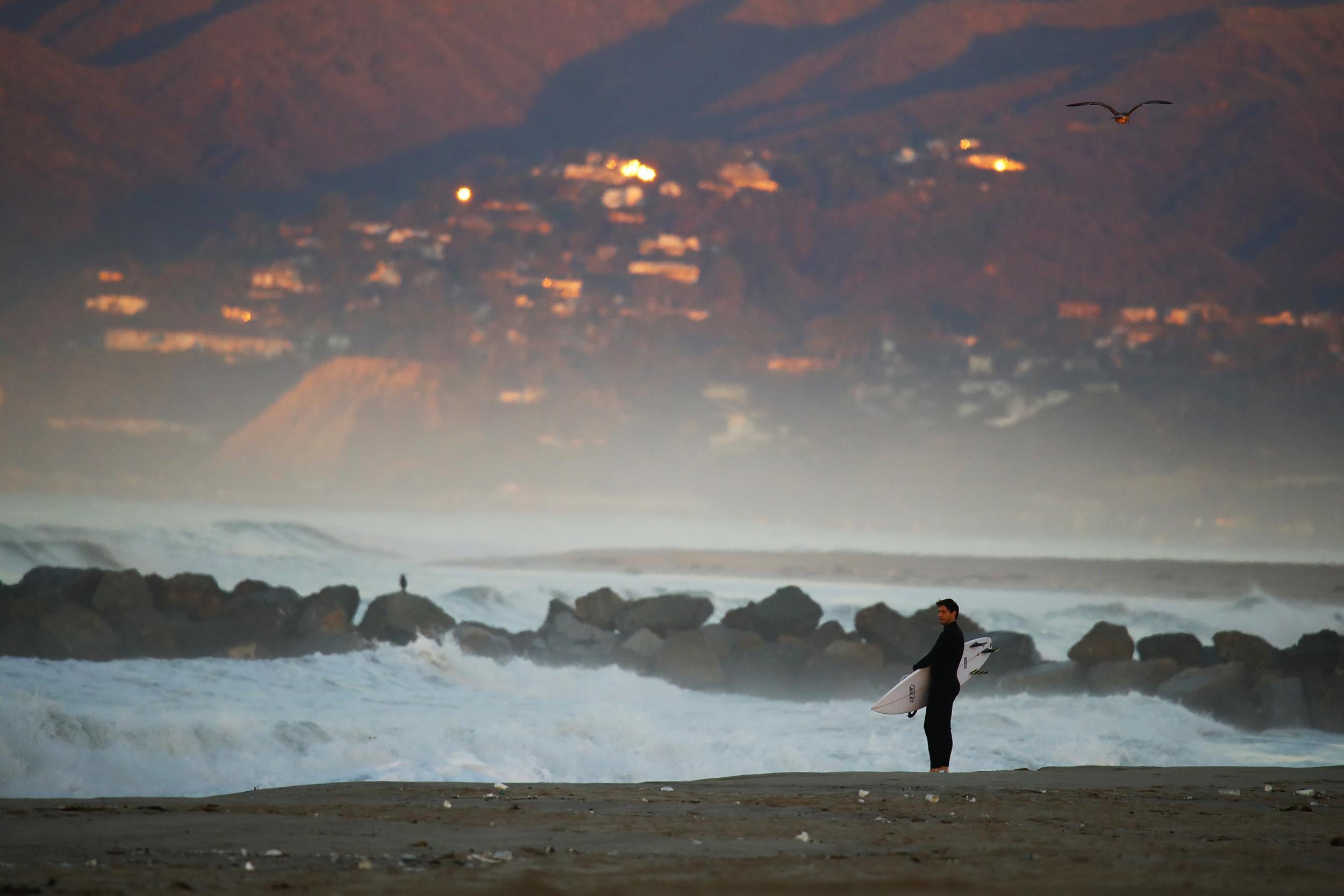 A surfer checks out the waves in Marina del Rey, California