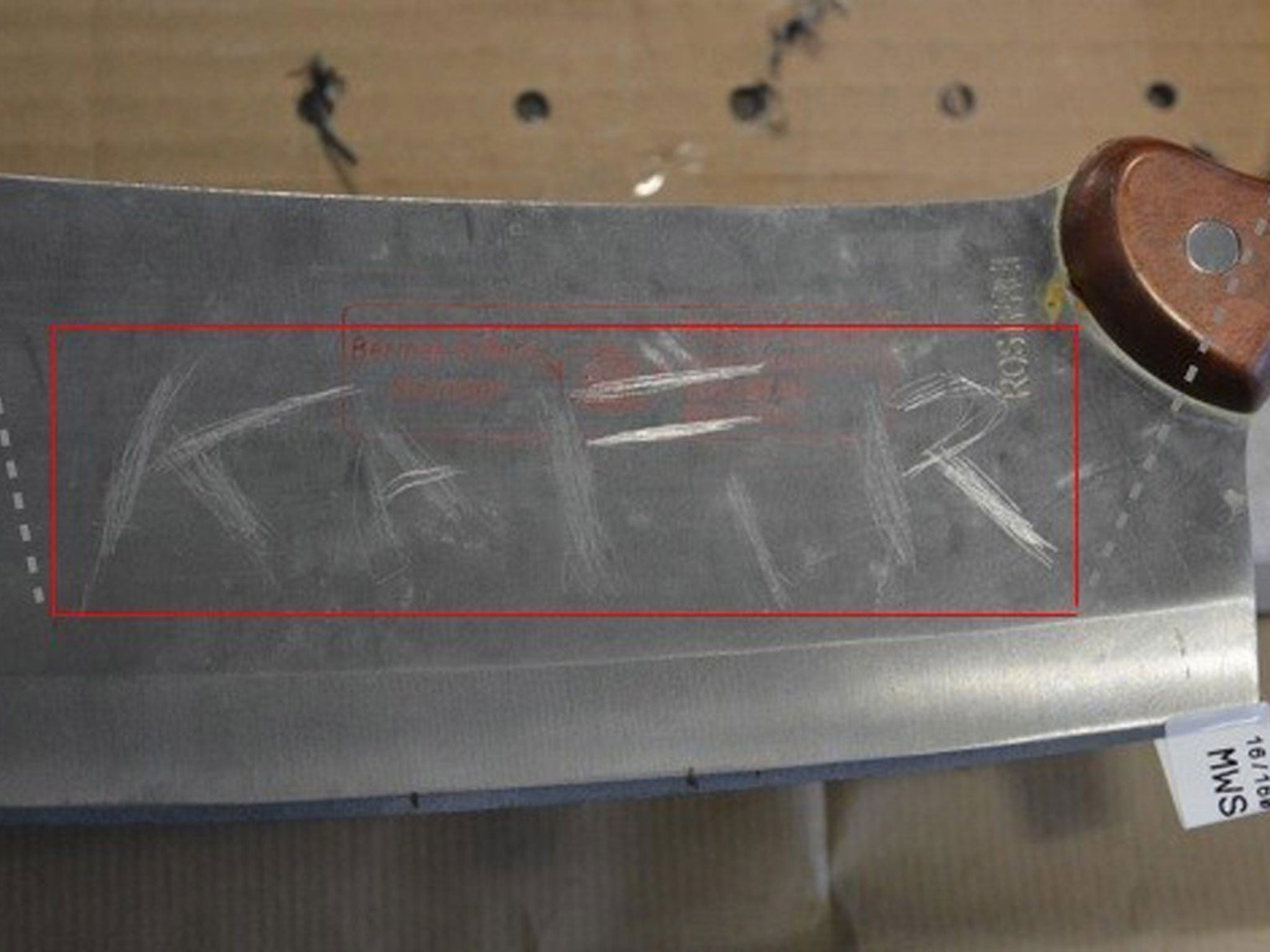 Meat cleaver found in Naweed Ali’s car with the word kafir (non-believer) scratched on the blade