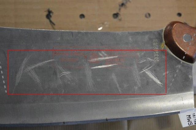 Meat cleaver found in Naweed Ali’s car with the word kafir (non-believer) scratched on the blade