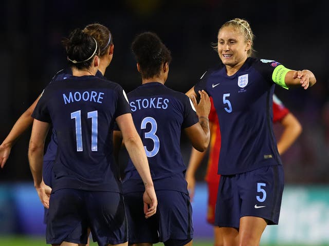 Steph Houghton with her team-mates after beating Spain in the group stages