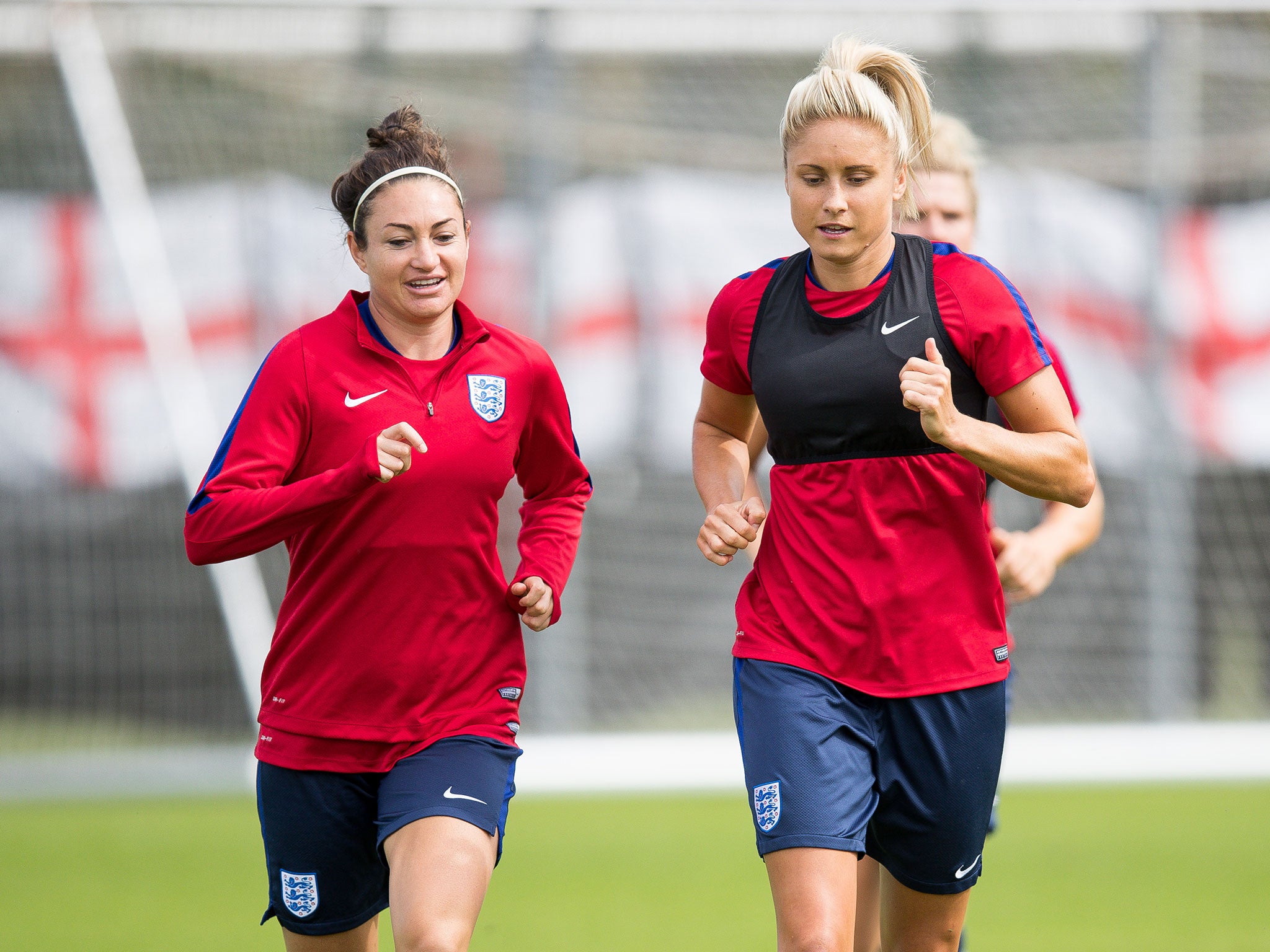 Houghton in training with England team-mate Jodie Taylor