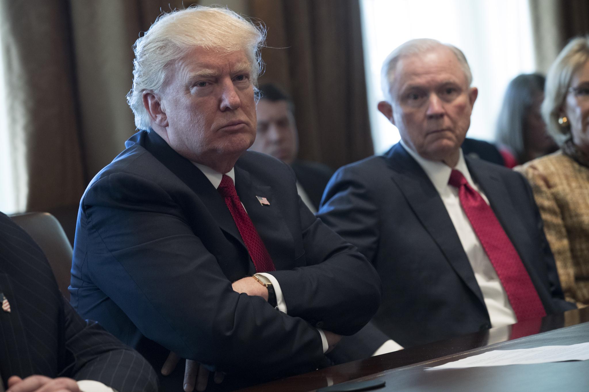 US President Donald Trump and Attorney General Jeff Sessions in the Roosevelt Room of the White House