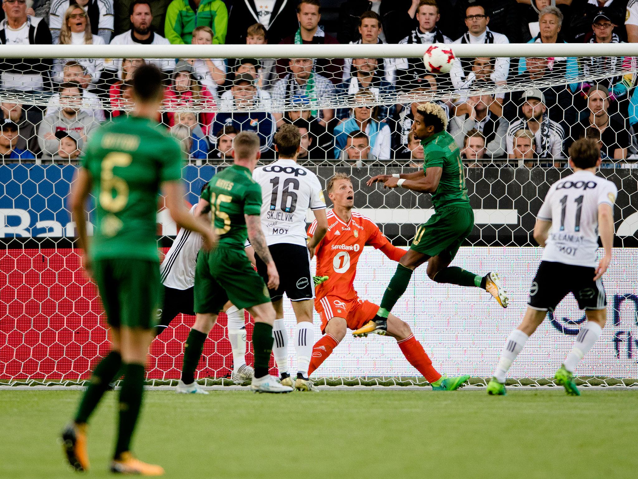 &#13;
Scott Sinclair with a headed attempt on goal &#13;