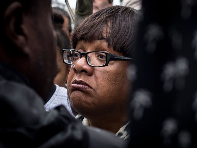 Diane Abbott attends a protest on Saturday at Stoke Newington police station over the death of Rashan Charles