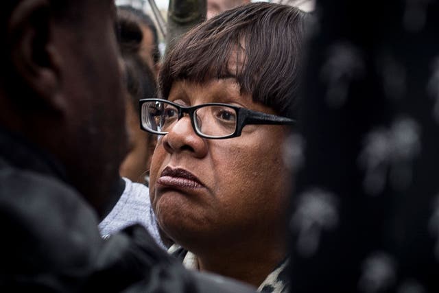 Diane Abbott attends a protest on Saturday at Stoke Newington police station over the death of Rashan Charles