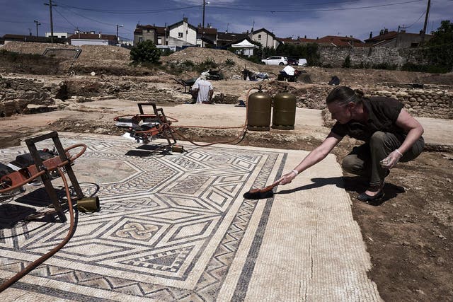 An archaeologist works on the site, where a philosophy school, shops and lavish residences decorated with mosaics have been found