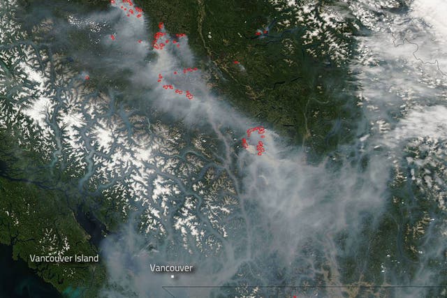 Images taken by NASA's Aqua satellite reveal the extent of smoke pollution in western Canada as a result of the fires