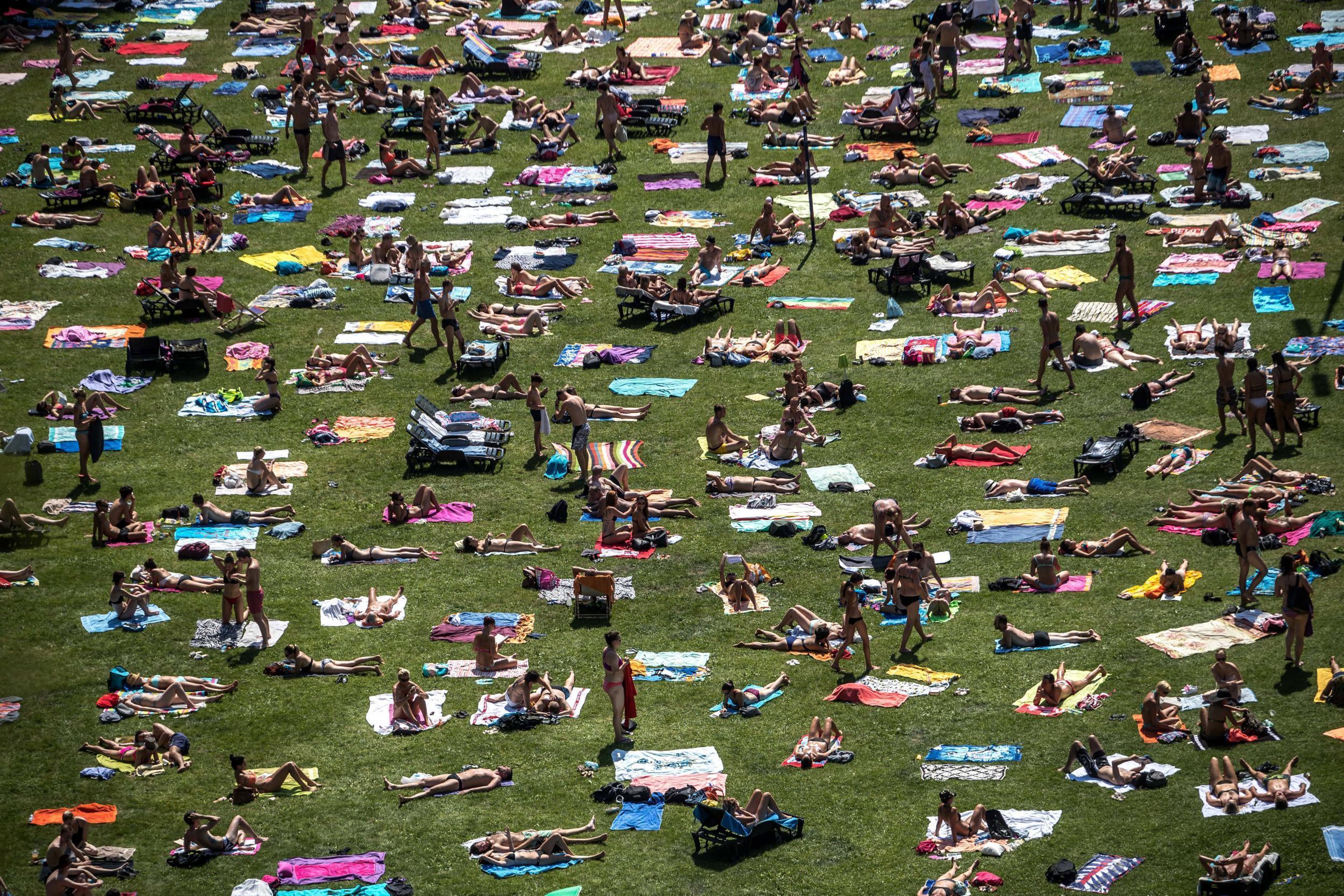 People sunbathe during warm weather at a public area in Prague, Czech Republic, 01 August 2017. A heat wave brings temperatures up to 38 degrees Celsius in Czech Republic and it may break the local record.