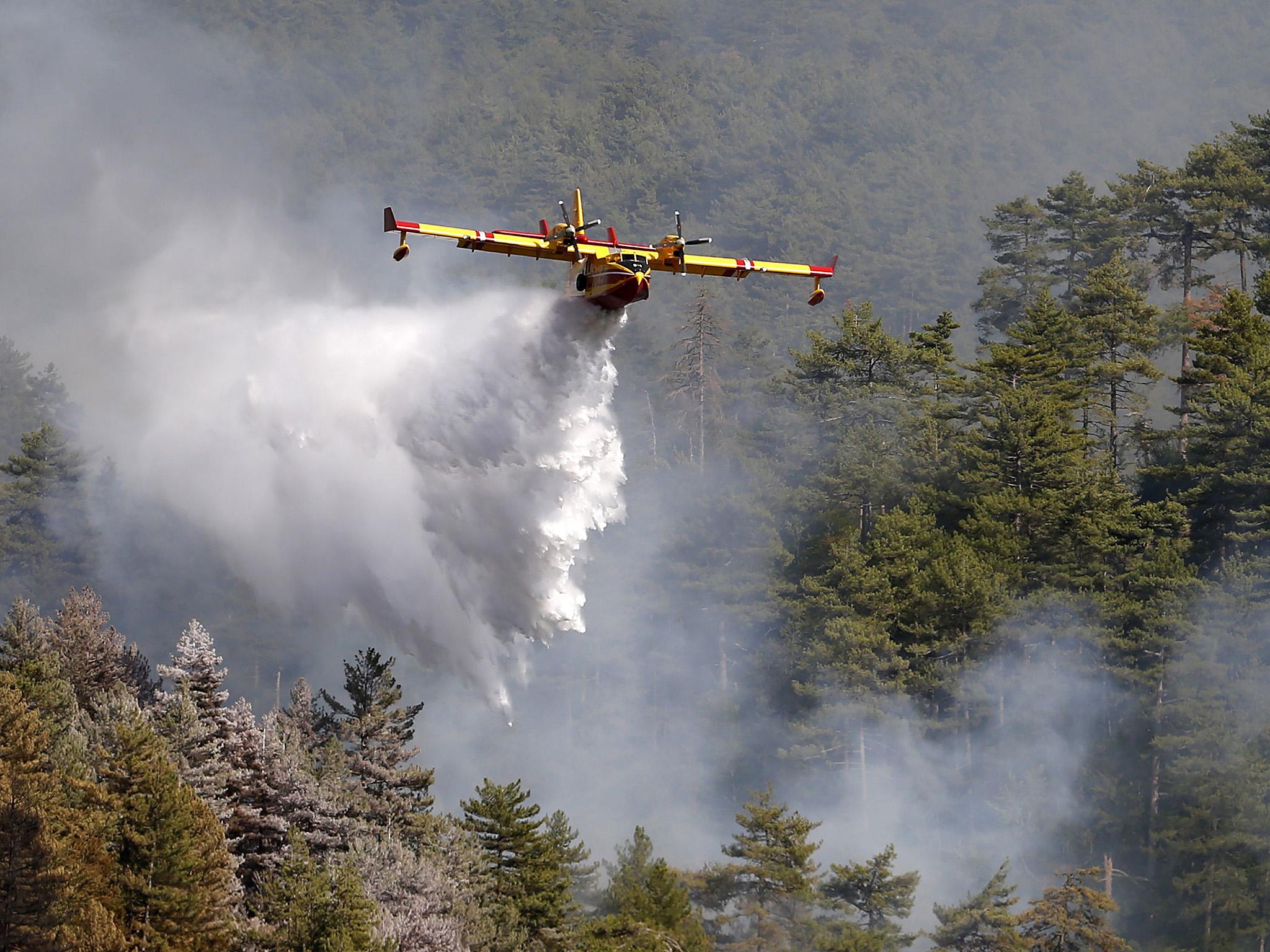 A firefighting plane drops water on a fire at Palneca on the French Mediterranean island of Corsica