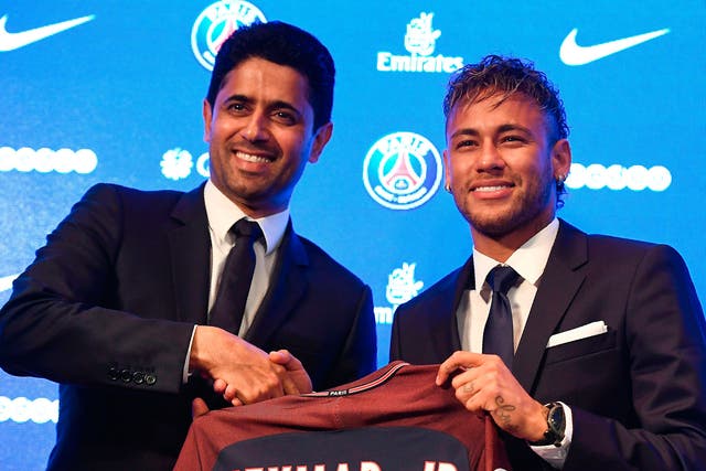 Paris Saint-Germain president Nasser Al-Khelaifi with €222m signing Neymar