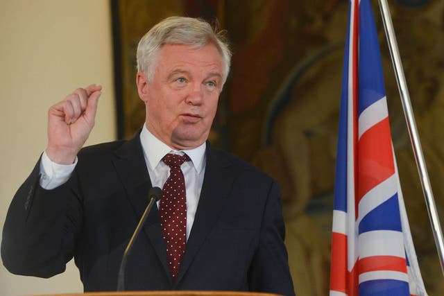 Brexit Secretary David Davis gestures during a joint press conference in Prague