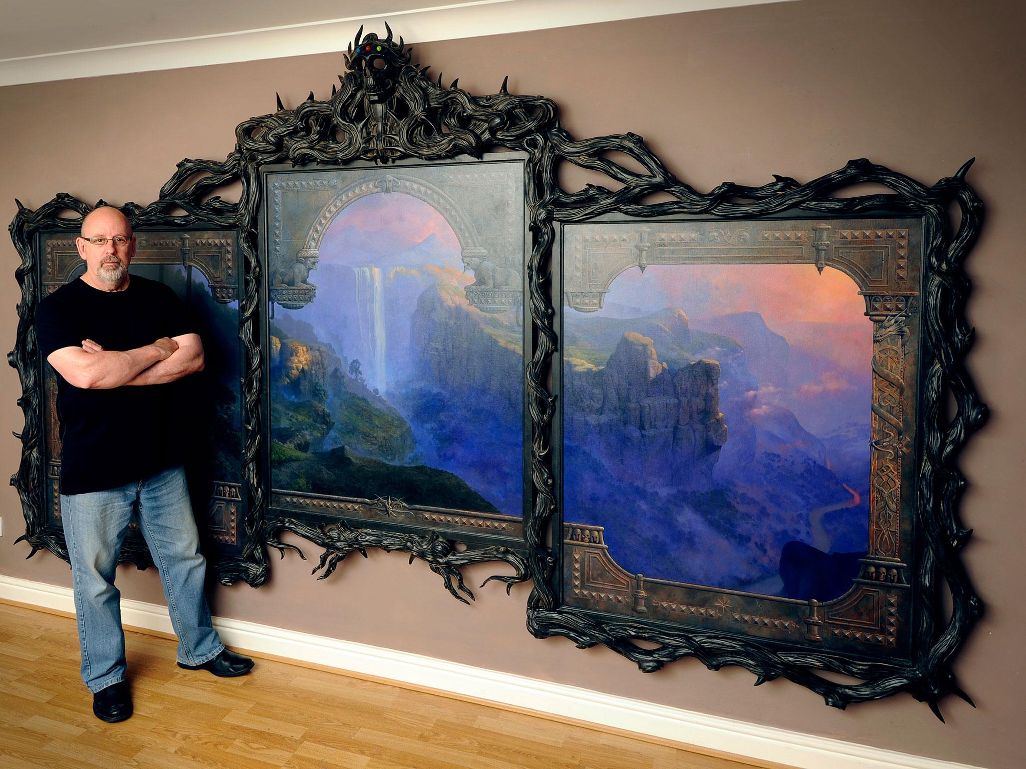 Gregory standing in front of his triptych ‘The Falls of Esgalduin’, which was inspired by Tolkien’s ‘The Silmarillion’