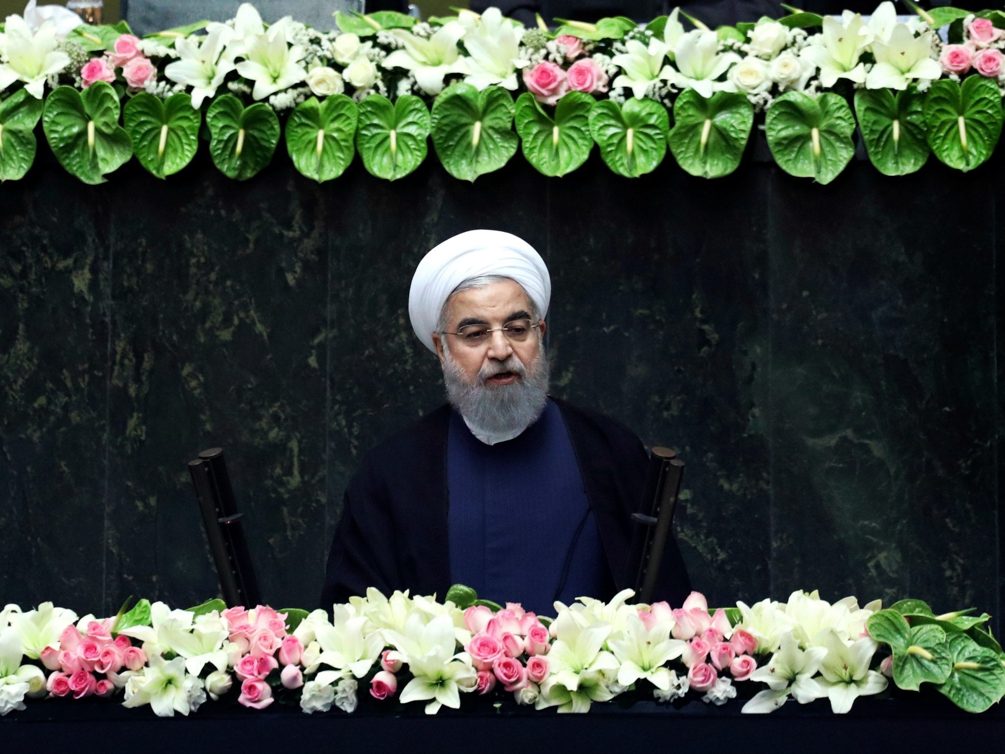Iran's President Hasan Rouhani delivers a speech after his swearing-in ceremony