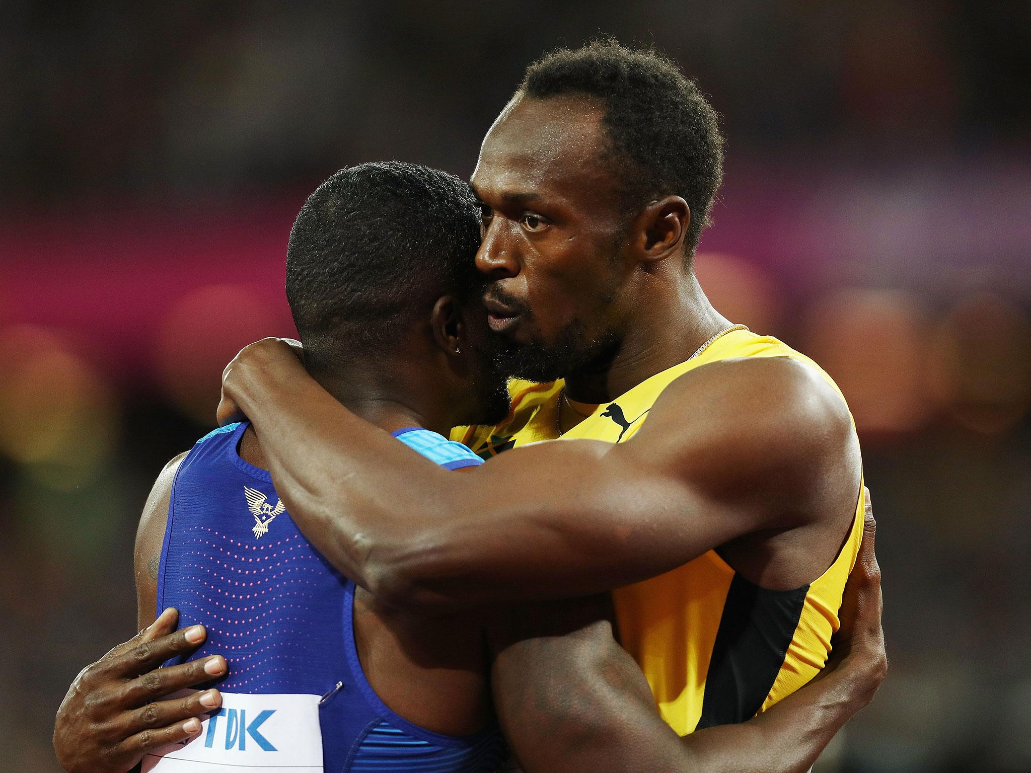 Usain Bolt embraces rival Justin Gatlin at the end of Saturday's final