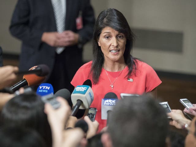 <p>Nikki Haley speaks to reporters </p>