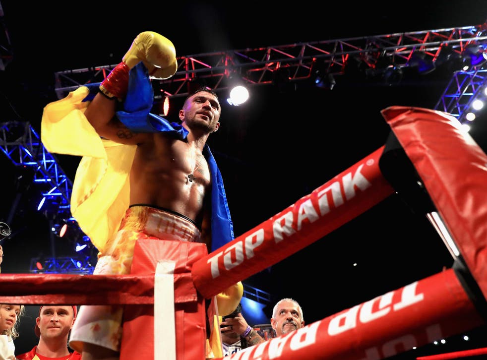 Lomechenko celebrates his knockout victory in Las Vegas