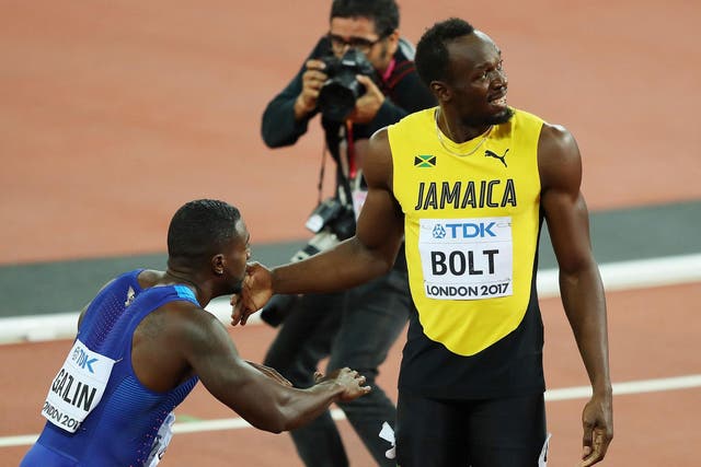 Justin Gatlin and Usain Bolt after their 100m final in London