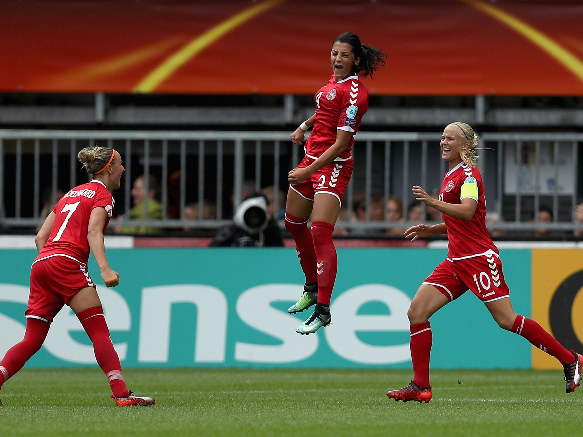 Nadia Nadim celebrates scoring Denmark's first goal against Germany in the quarter-finals