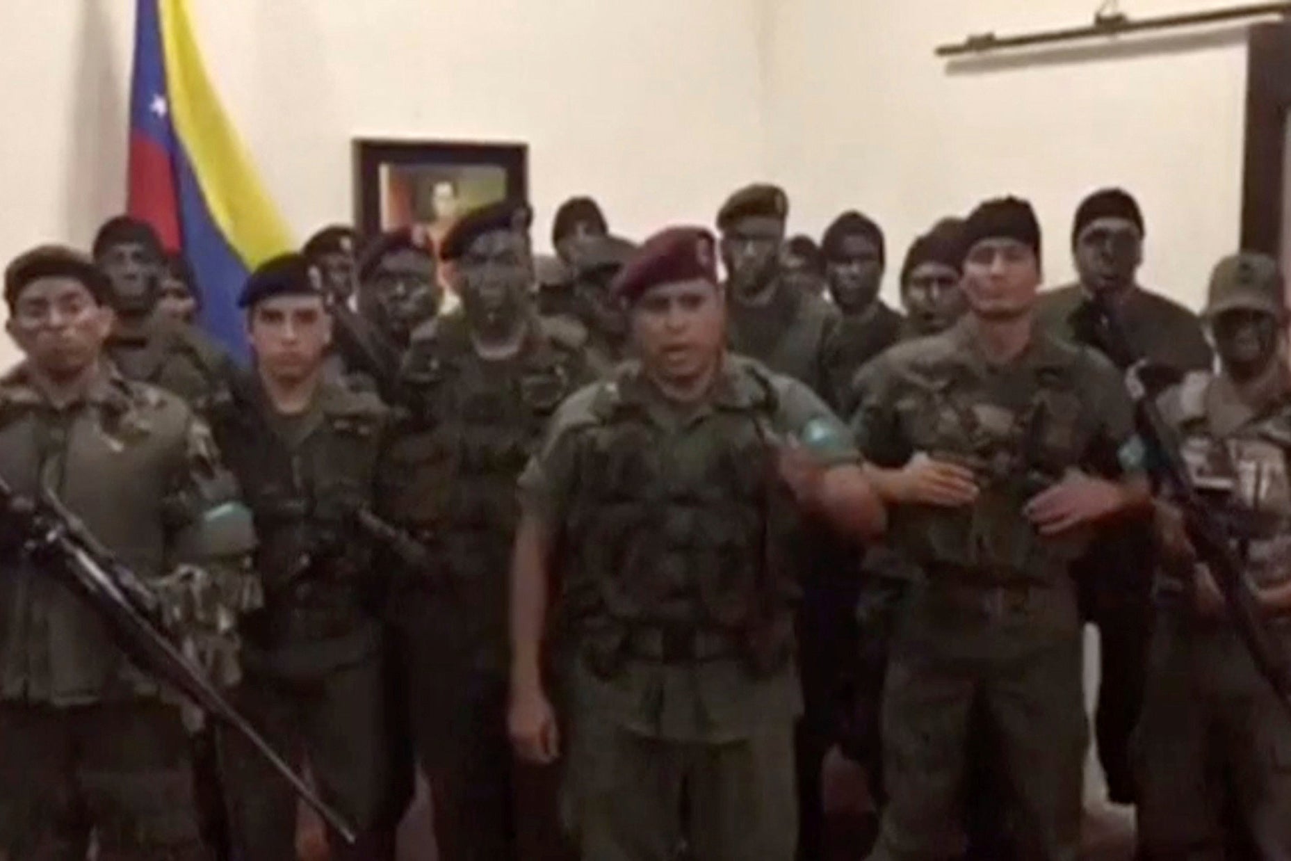 A still image from video released by Operation David Carabobo purportedly shows a group of men dressed in military uniforms announcing uprising in Valencia, Venezuela August 6, 2017.