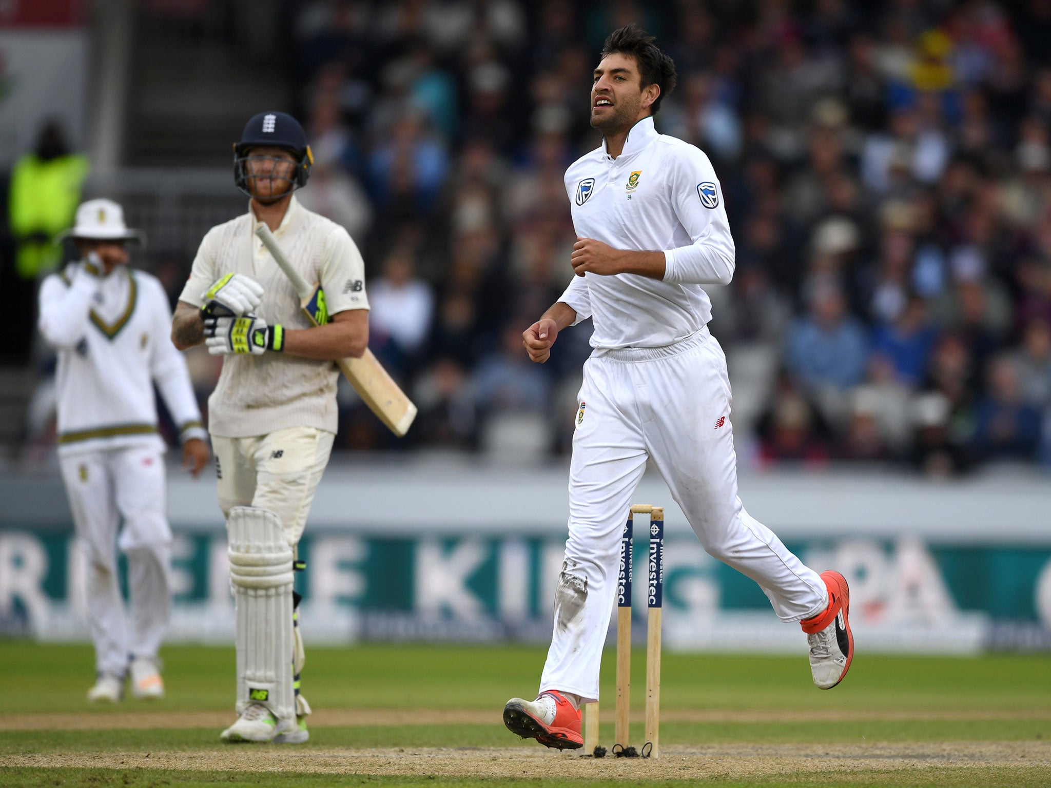 Duanne Olivier celebrates dismissing Ben Stokes