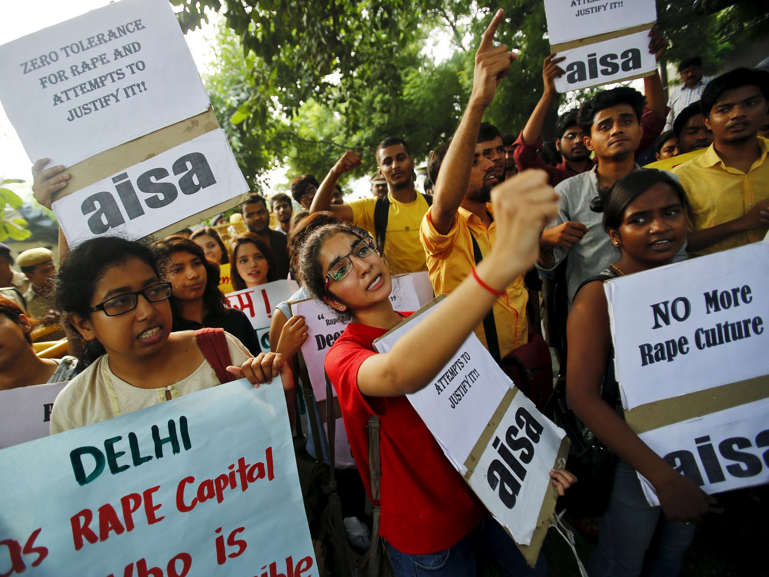 Sexual violence demonstrators protest outside police headquarters in New Delhi in October 2015