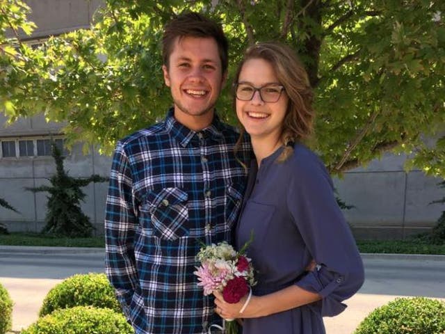 Austin Wesson, 30, and Rebekah Bouma, 19, pictured just after getting married outside the Sedgwick County Courthouse in Kansas on Friday