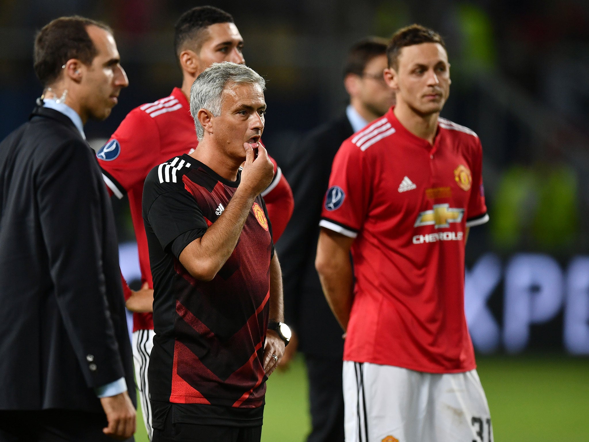 Jose Mourinho looks on after defeat in the Super Cup
