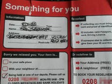 Warning over scam using fake Royal Mail missed parcel delivery cards