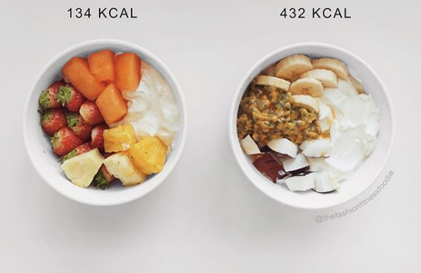 Both bowls contain 150g of Greek yoghurt and 150g of fruit