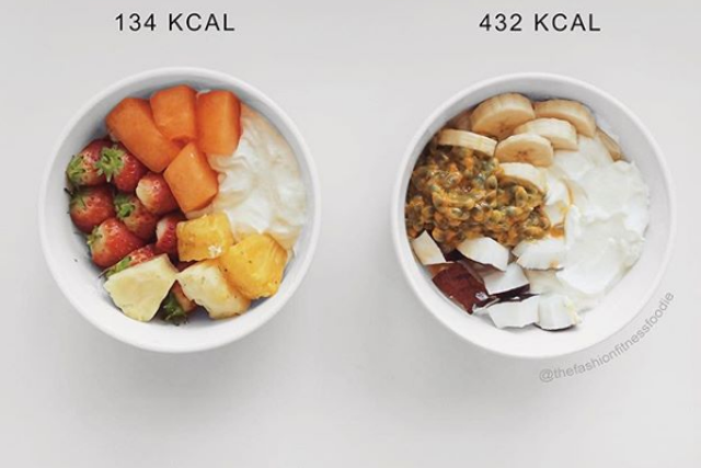 Both bowls contain 150g of Greek yoghurt and 150g of fruit