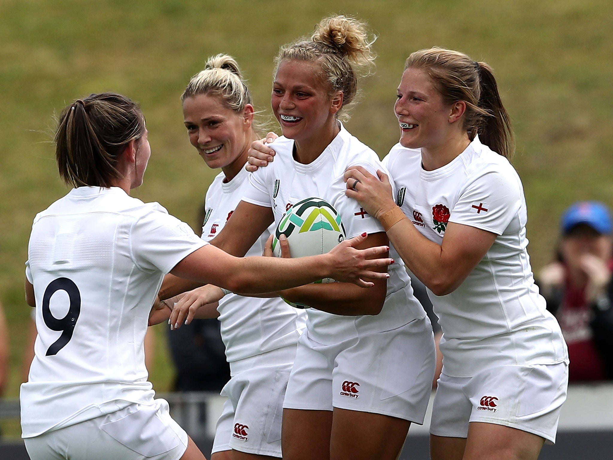 Kay Wilson scored four tries as England thrashed Spain 56-5 to begin their Rugby World Cup defence