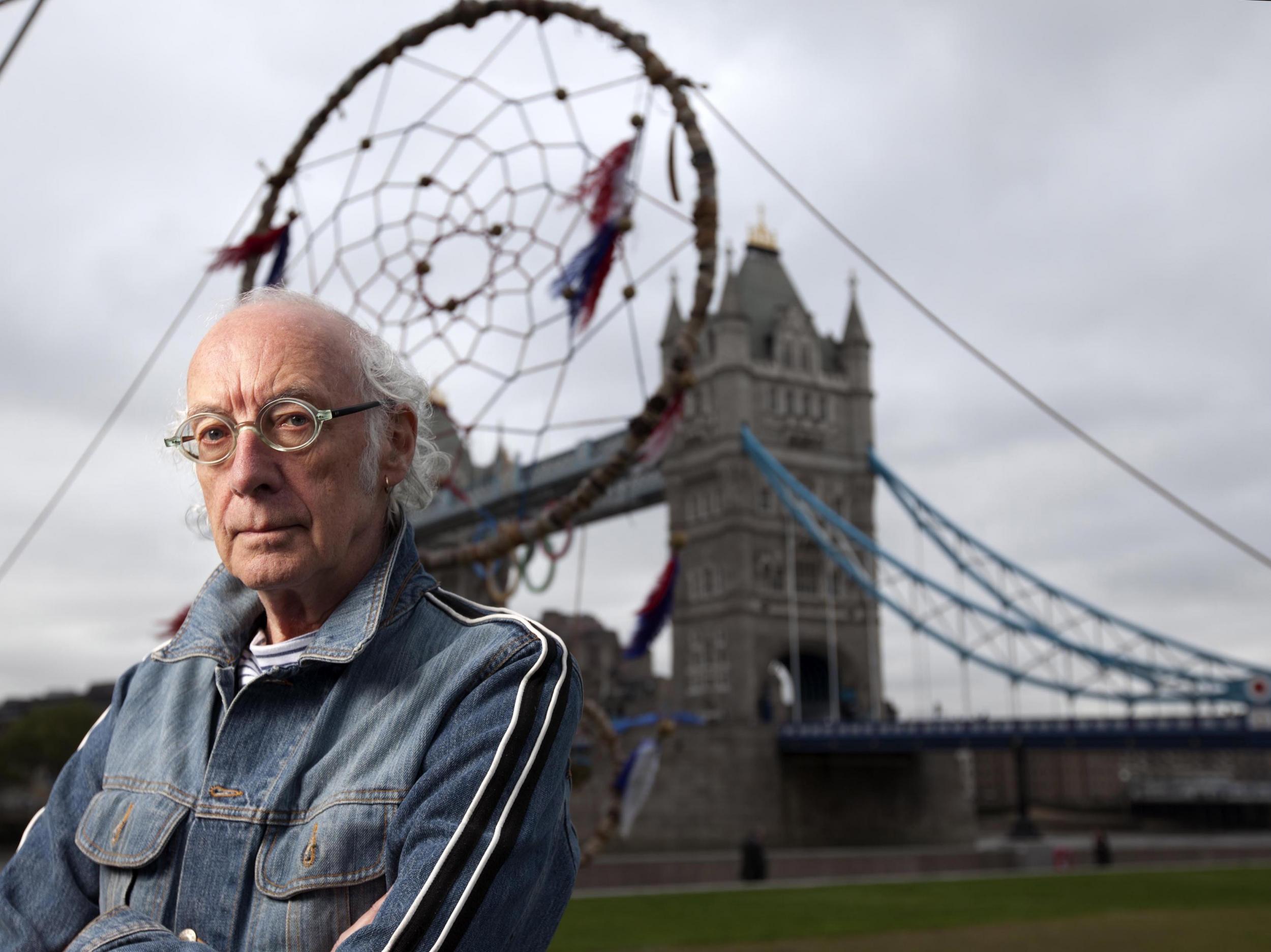 &#13;
Roger McGough in front of the world's largest dream catcher to mark the release in 2012 of his sport-inspired poem Hopes and Dreams &#13;