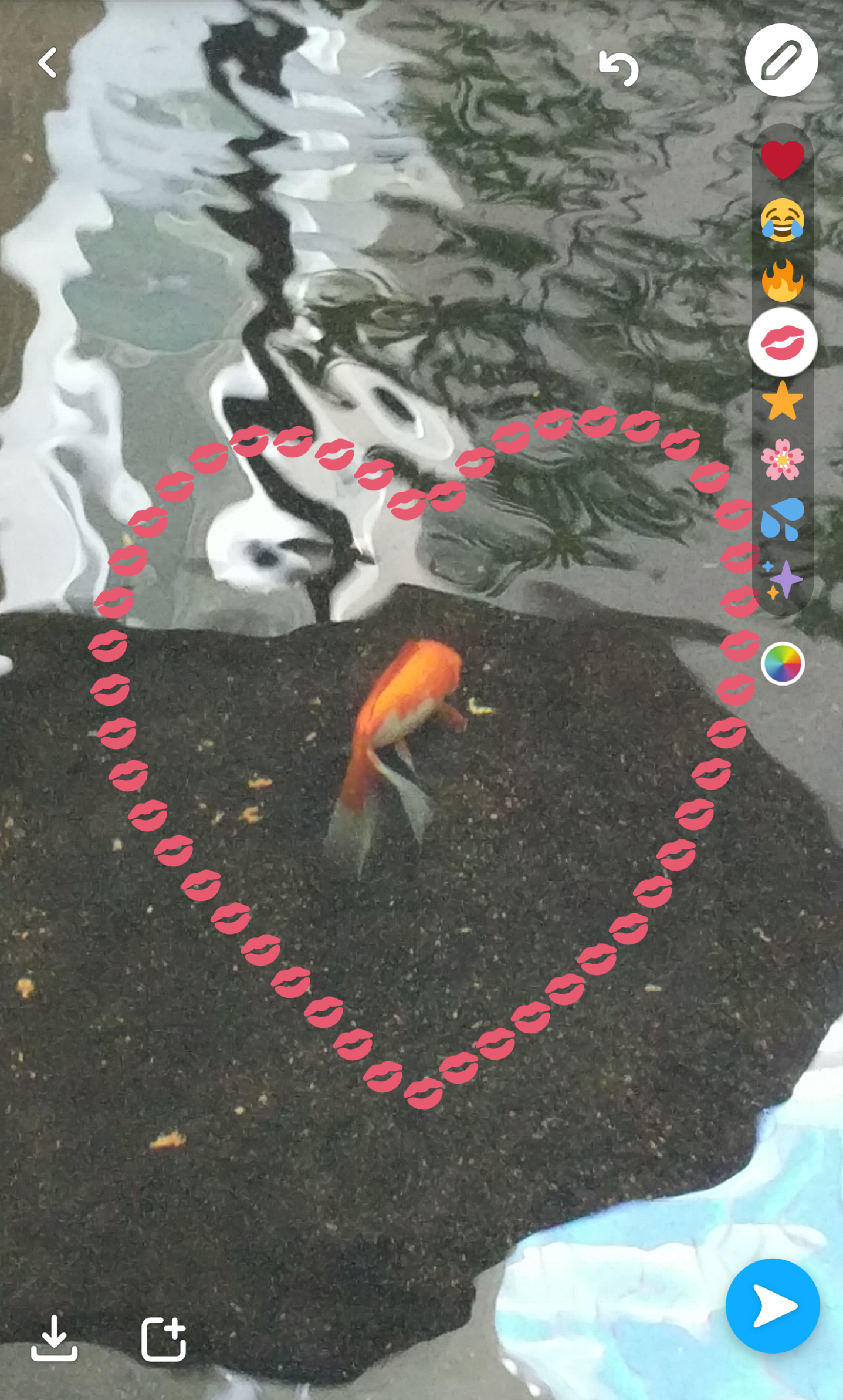 You can draw with emoji rather than regular digital brushstrokes by tapping the pen icon after you’ve shot a snap and then hitting the symbol under the colour palette.