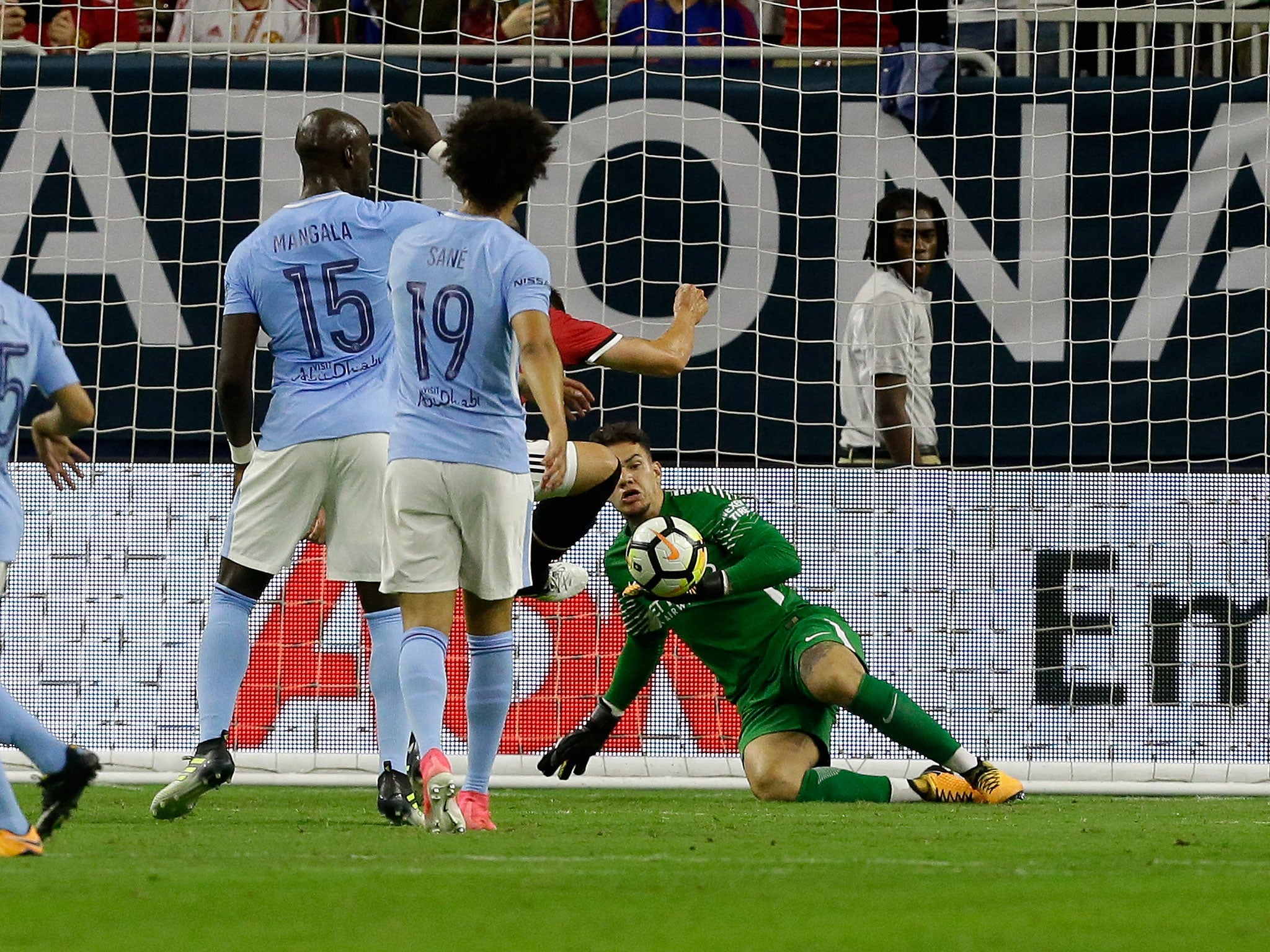 Ederson in action during Manchester City's pre-season derby against rivals United