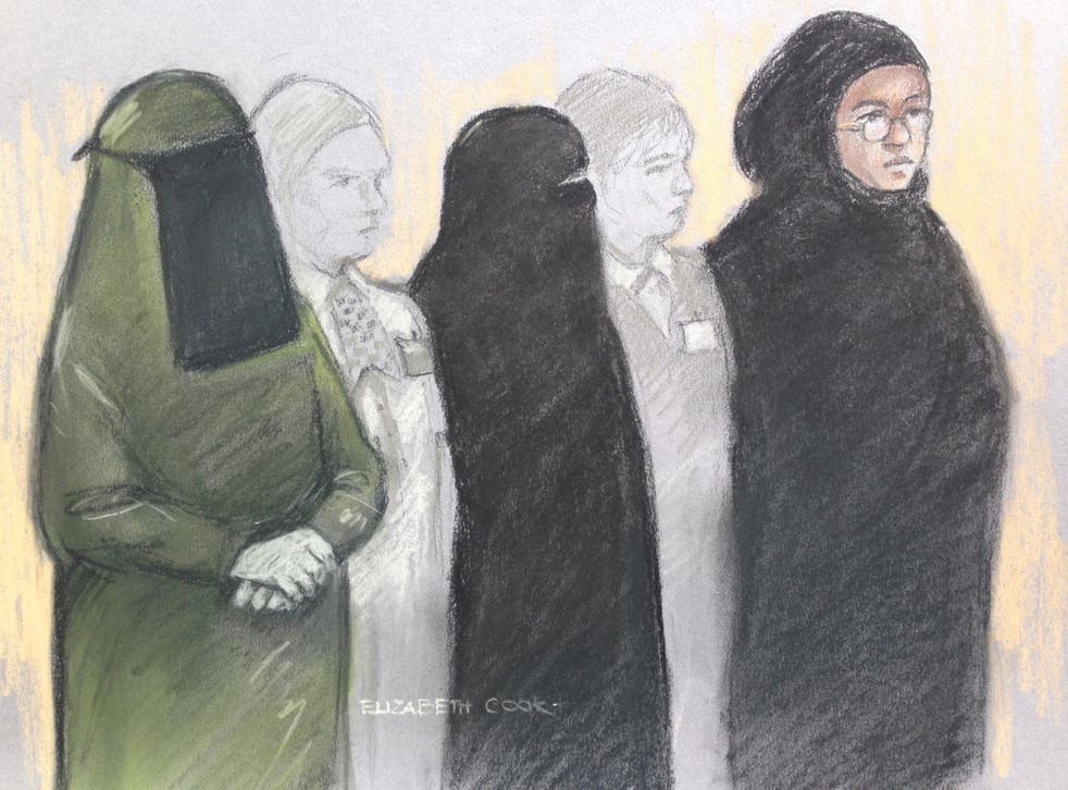 Mina Dich, 43, Rizlaine Boular, 21, and Khawla Barghouthi, 20, appearing at Westminster Magistrates Court in May charged with preparing a terrorist act and conspiracy to murder.