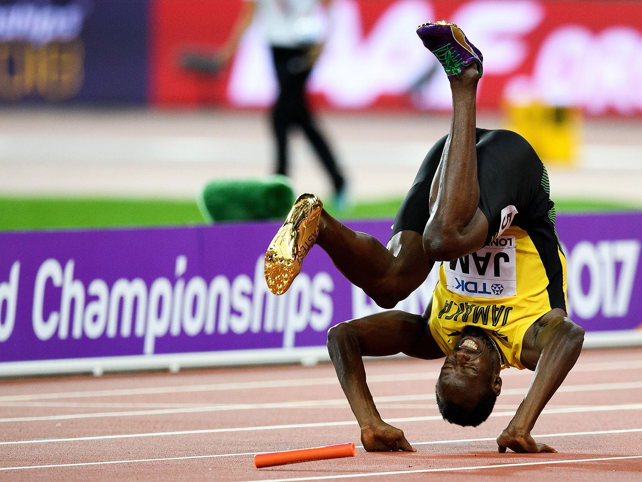 Bolt was struck down while running the final leg for Jamaica