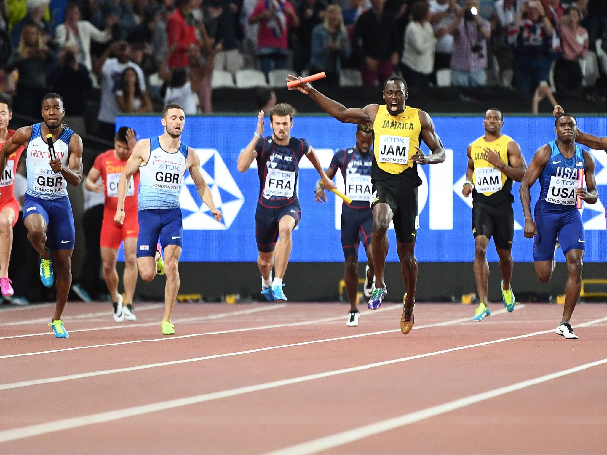 Great Britain and USA were ahead of Jamaica when Bolt suffered injury